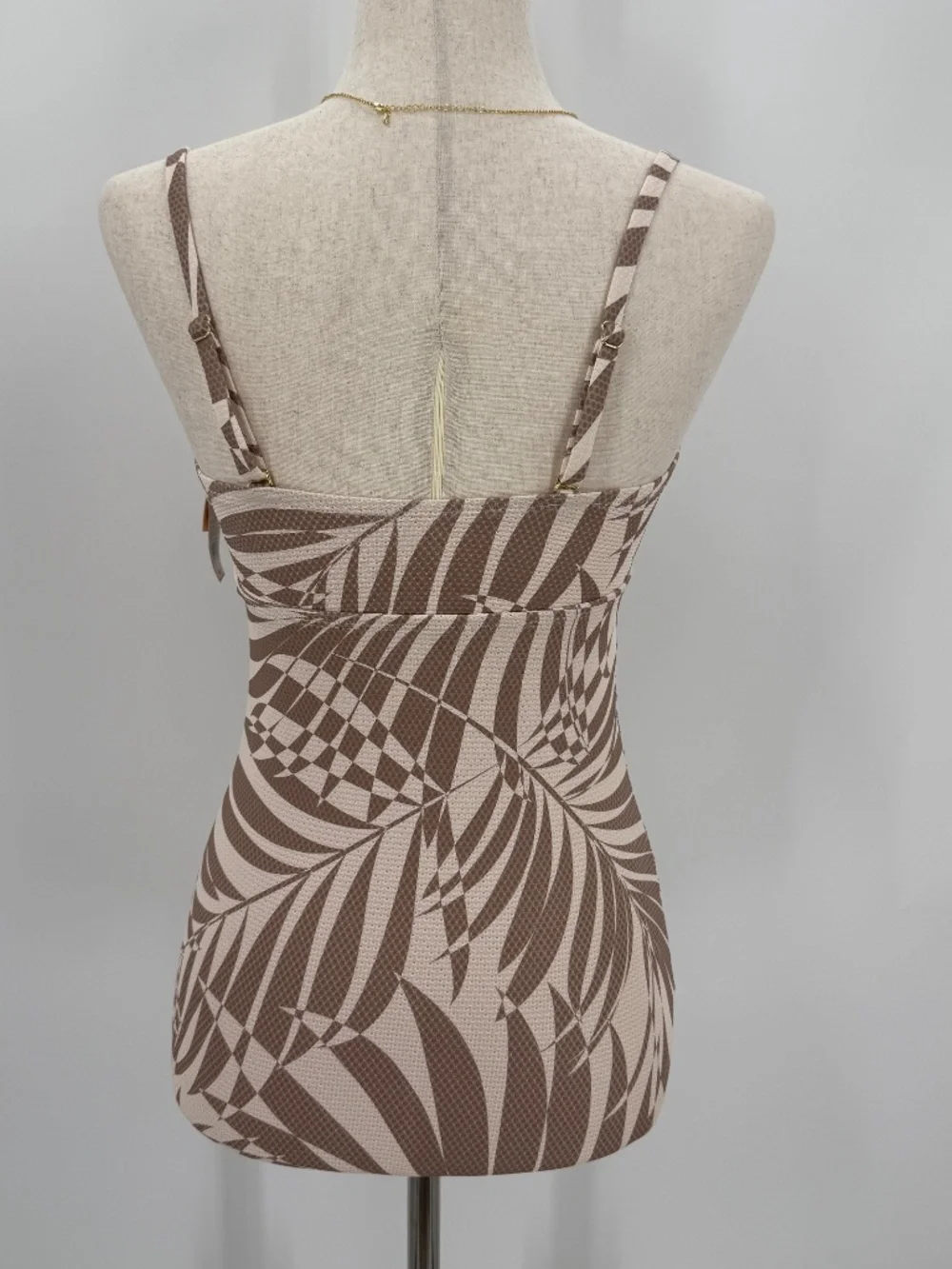 One Piece Swimsuit Palm Leaf Tan Brown Front Tie Keyhole Ruched Women XS